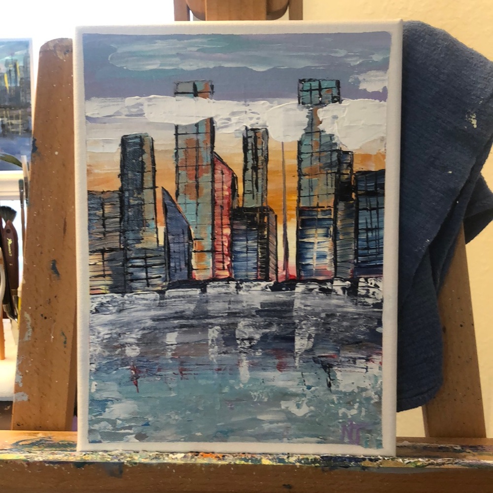 Abstract cityscape painting acrylic on canvas.
